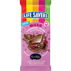 Darrell Lea Lifesavers Musk & Raspberry Jellies Milk Chocolate Block 160g