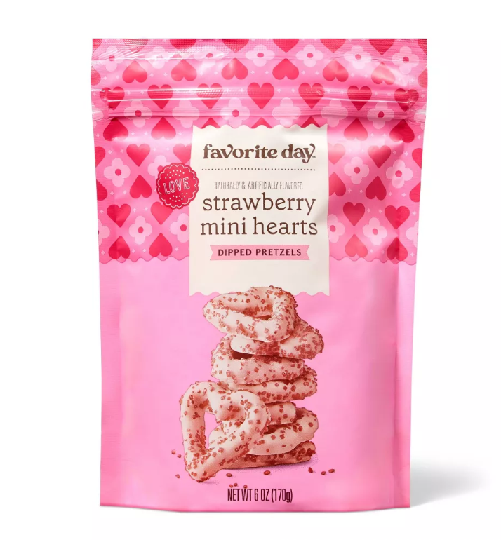 Valentine's Pink Strawberry Heart Shaped Pretzels with Red Sugar Crystals 170g